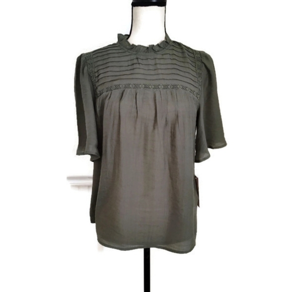 Nanette Lepore Khaki Green Grannycore Feminine Cottagecore Crochet Trim Top Size - Picture 3 of 5